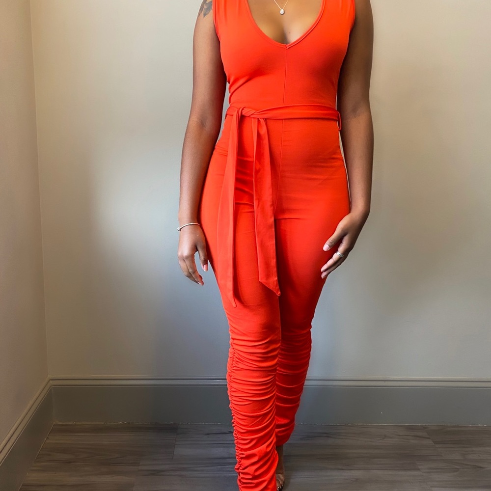Red Ruched Jumpsuit - Picture 2 of 3